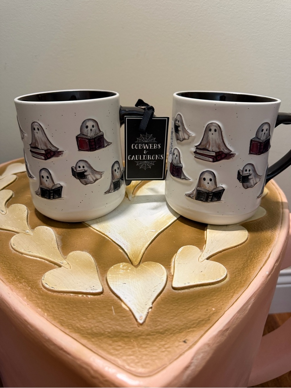 Set of 2 Cobwebs & Cauldrons Ghosts Reading Books Halloween Mugs